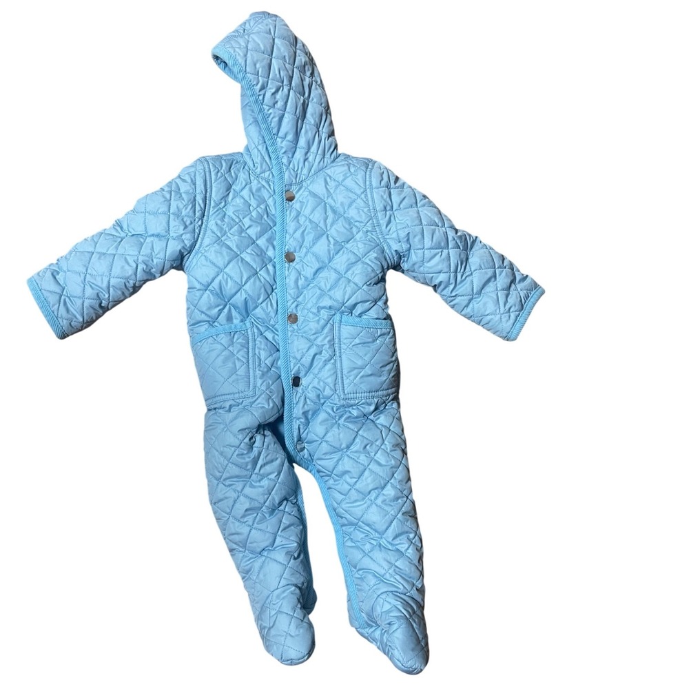 Leveret Baby Quilted Hooded Bunting / snowsuit/ Light Blue Fleece Lined 12M